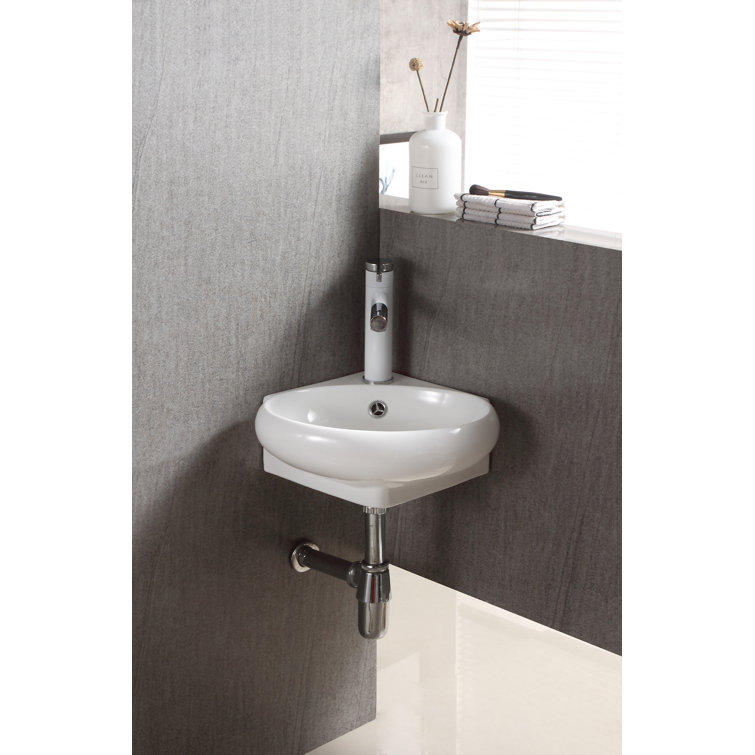 Compact White Ceramic Wall-Mount Corner Sink with Overflow