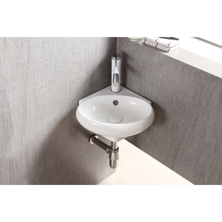 Compact White Ceramic Wall-Mount Corner Sink with Overflow