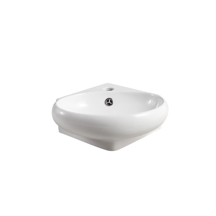 Compact White Ceramic Wall-Mount Corner Sink with Overflow
