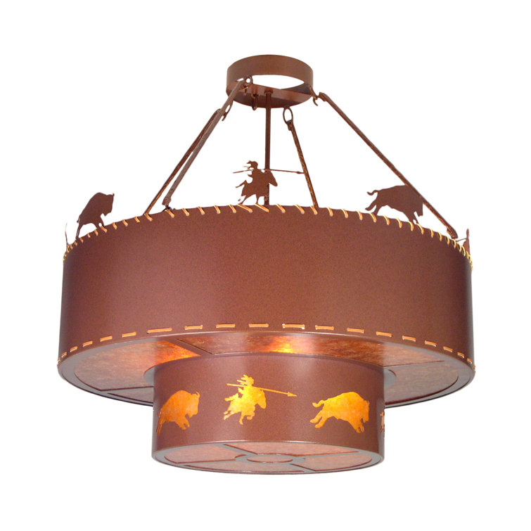Buffalo Hunt 41" Rustic Bronze & Amber Glass 8-Light Chandelier