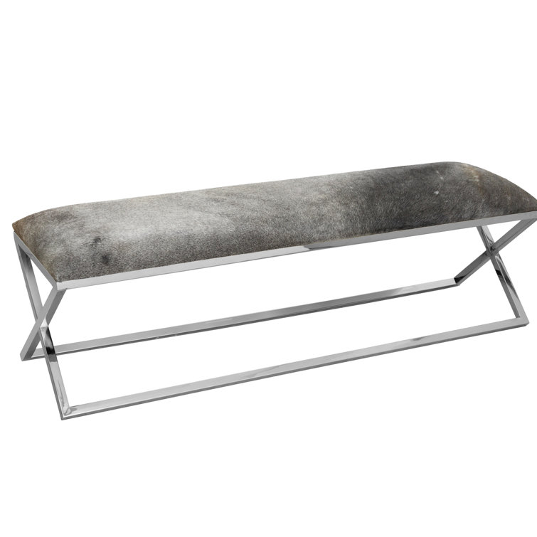 Grey Upholstered Bench with Stainless Steel Frame and Storage