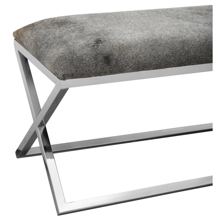 Grey Upholstered Bench with Stainless Steel Frame and Storage