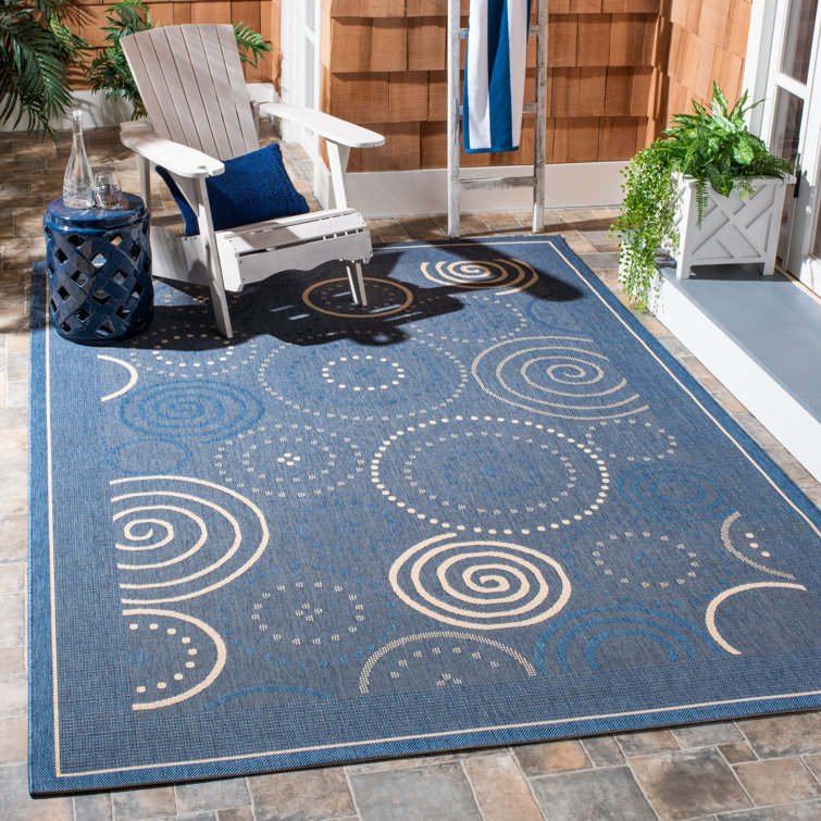 Rectangular 5' x 7' Blue and Natural Cotton Synthetic Rug