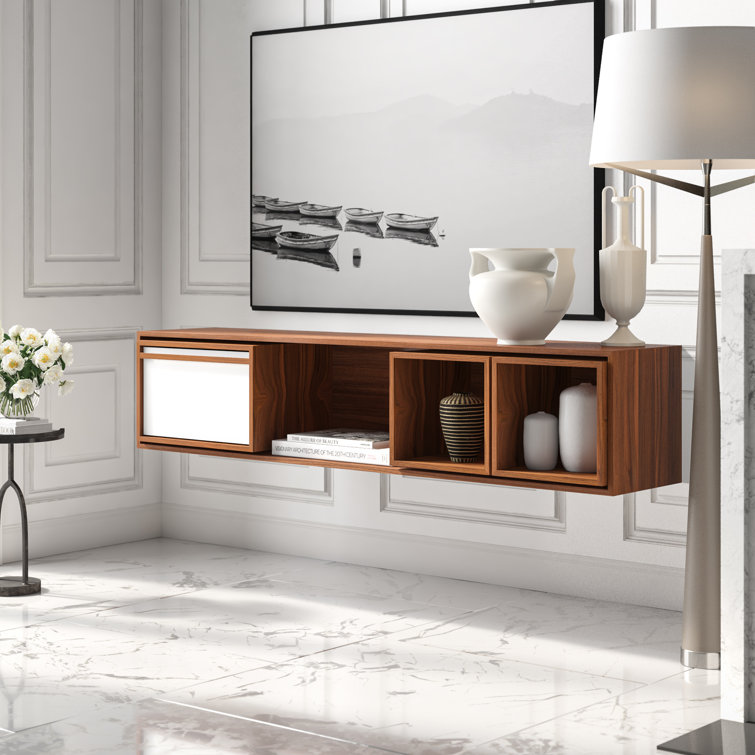 Walnut and Orange Low Console Table with Storage