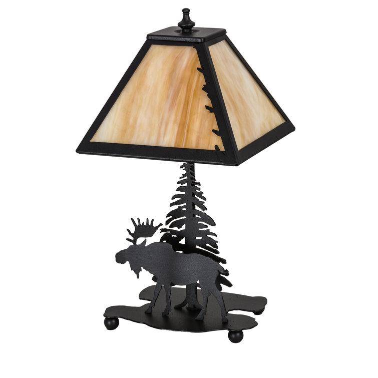 Rustic Black Moose Table Lamp with Stained Glass Shade