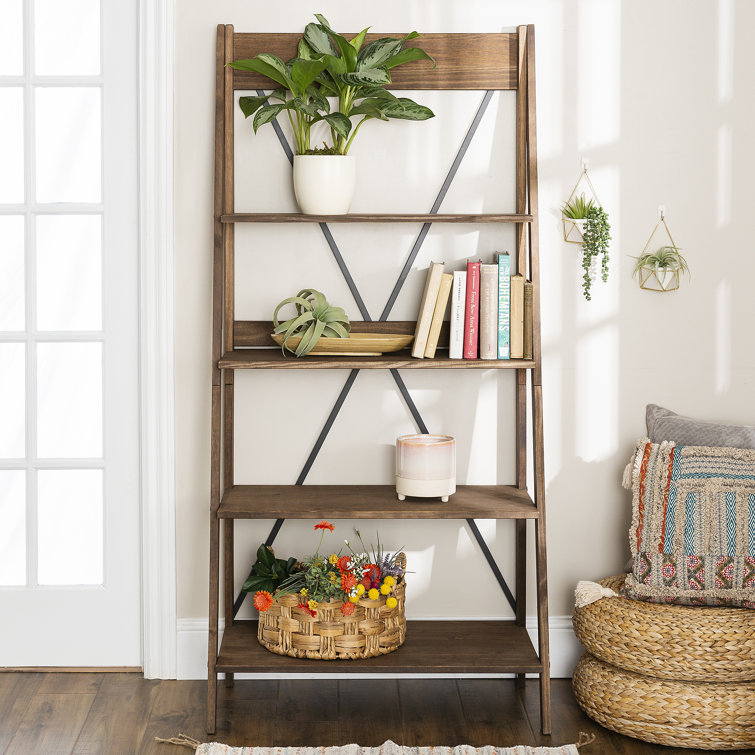 Pine Wood 68'' Brown Ladder Bookshelf with Metal X Design