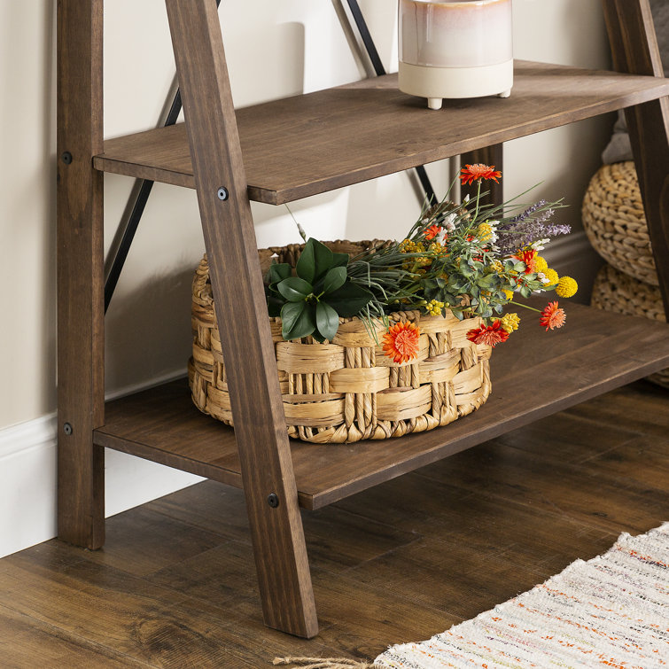 Pine Wood 68'' Brown Ladder Bookshelf with Metal X Design