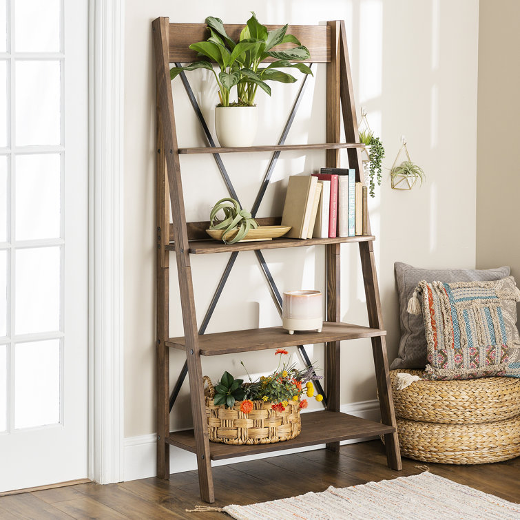 Pine Wood 68'' Brown Ladder Bookshelf with Metal X Design