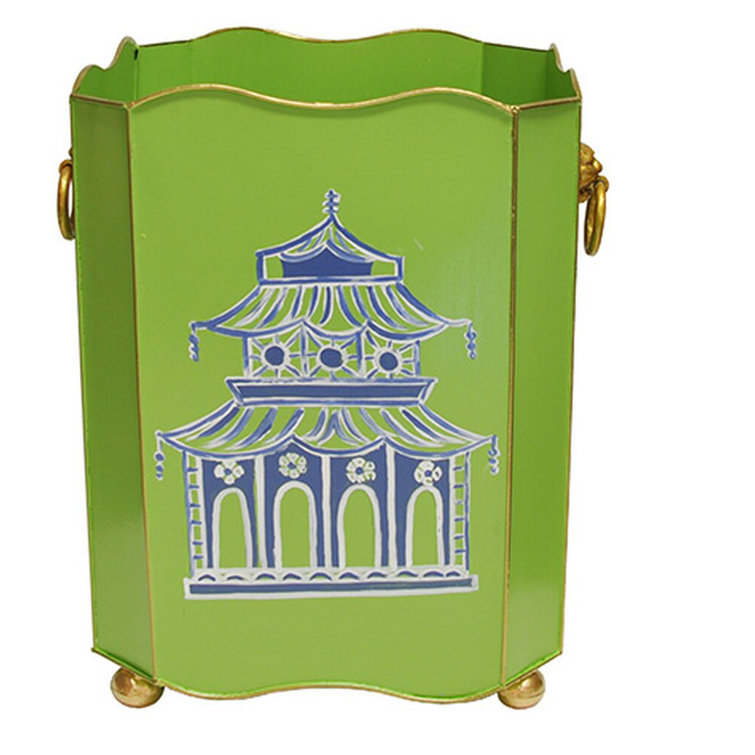 Green and White Pagoda Design Steel Waste Basket