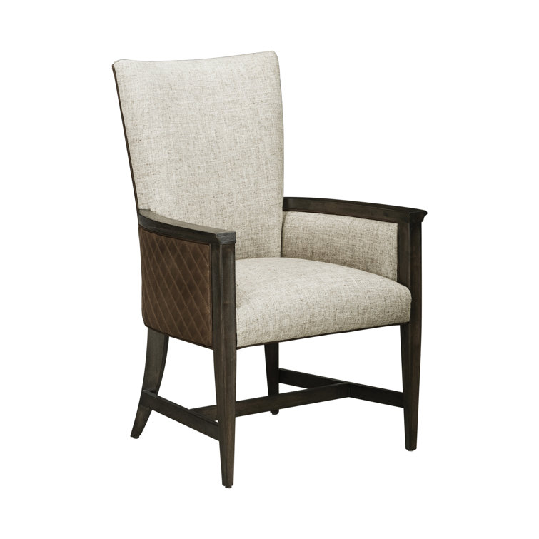 Beige and Brown Leather Upholstered Arm Chair with Wood Frame