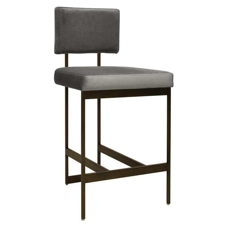 Gray Velvet and Bronze Metal Counter Stool