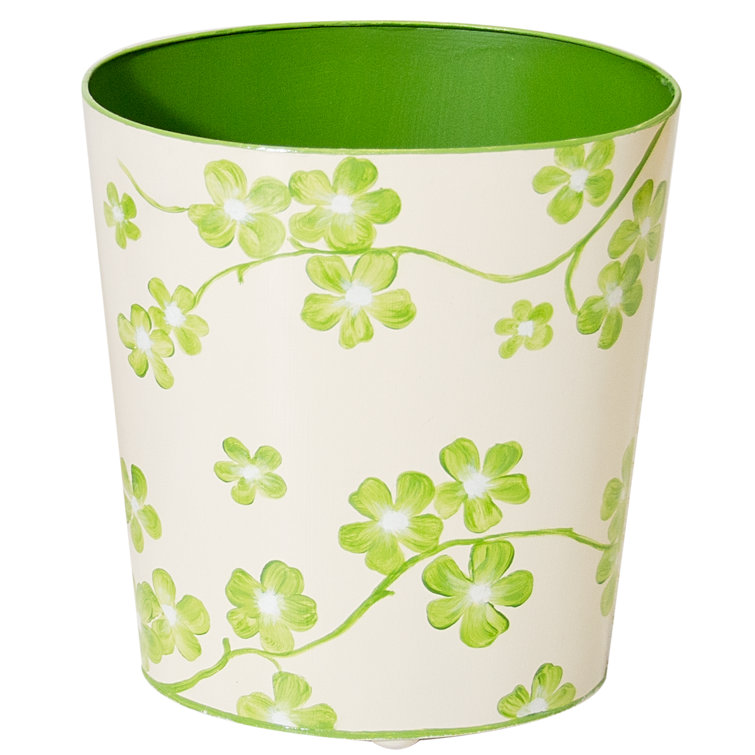 Green and Cream Floral Aluminum Waste Basket