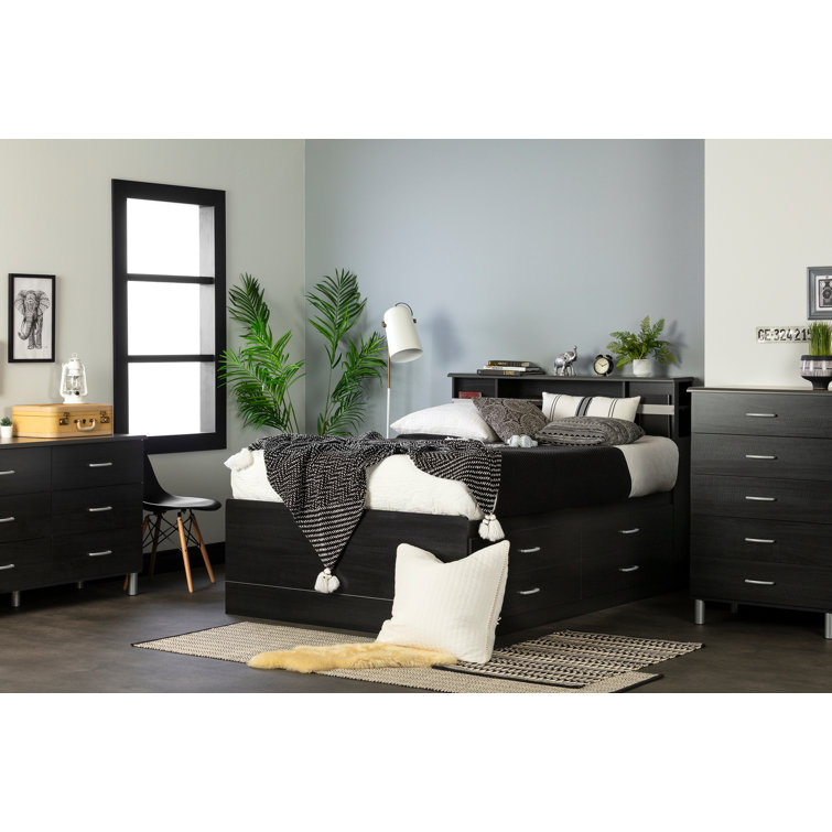Black Onyx Full Captain Bed with Bookcase Headboard and Drawers