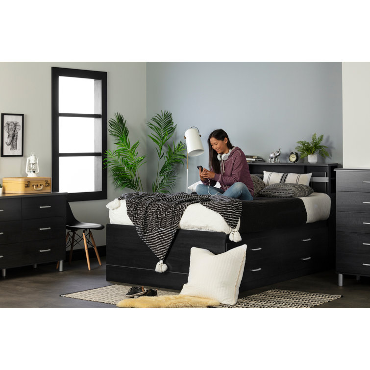 Black Onyx Full Captain Bed with Bookcase Headboard and Drawers