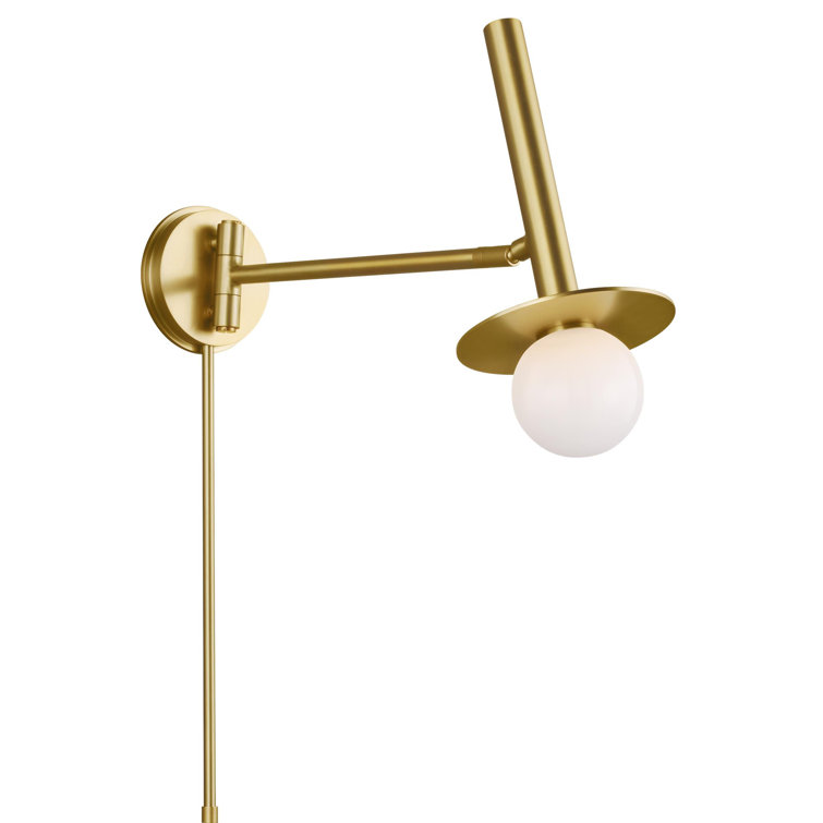 Burnished Brass Swing Arm Wall Sconce with Milk White Glass