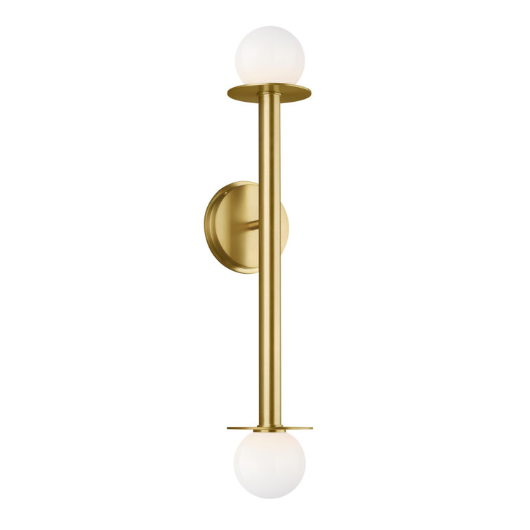 Curvilinear Brass Double Sconce with Dimmable Milk Glass Globes