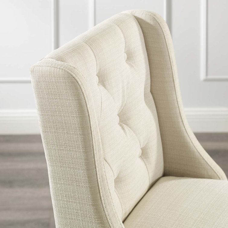 Beige Tufted Button Luxe Fabric Counter Stool with Solid Wood Legs