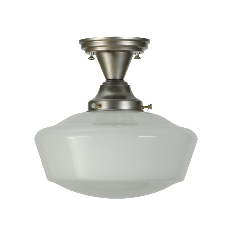 Revival Schoolhouse 12" White Opal Globe Semi-Flush Ceiling Light in Brushed Nickel