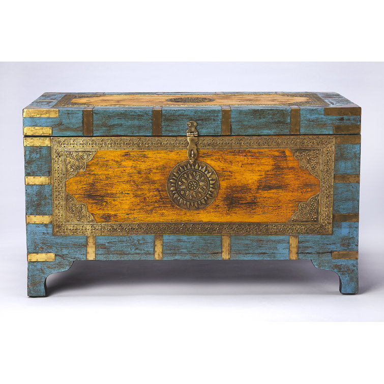Nador Multicolor Mango Wood and Brass Inlay Storage Trunk Coffee Table