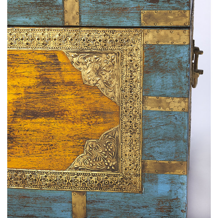 Nador Multicolor Mango Wood and Brass Inlay Storage Trunk Coffee Table