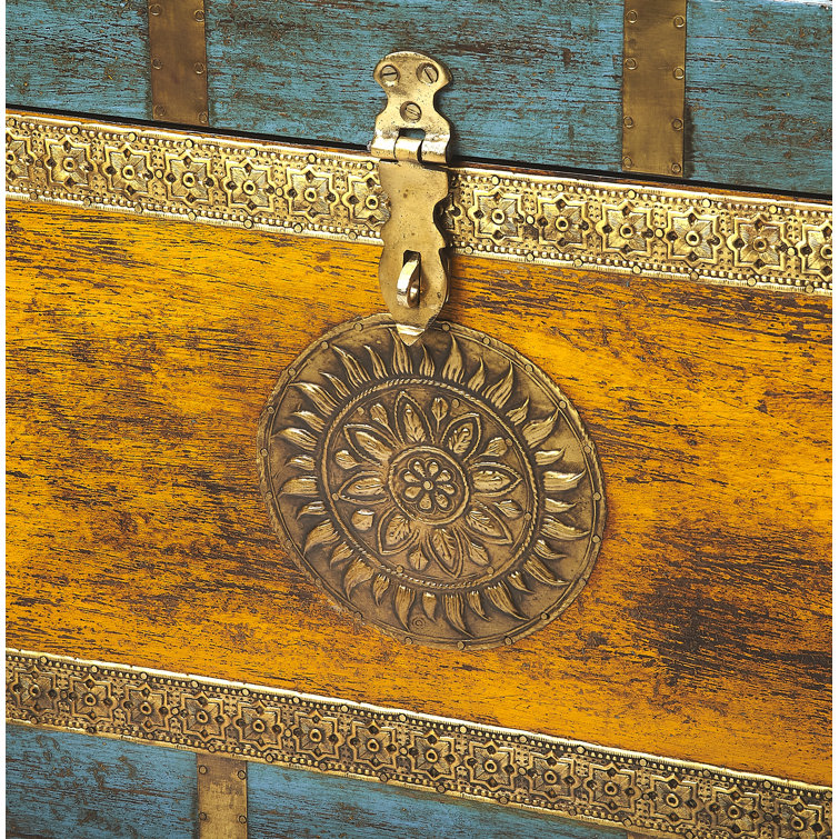 Nador Multicolor Mango Wood and Brass Inlay Storage Trunk Coffee Table