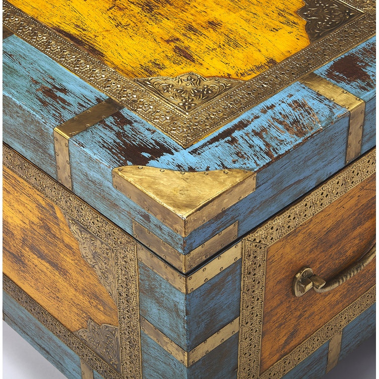 Nador Multicolor Mango Wood and Brass Inlay Storage Trunk Coffee Table