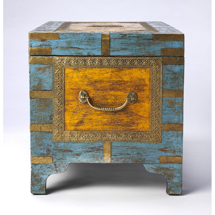 Nador Multicolor Mango Wood and Brass Inlay Storage Trunk Coffee Table