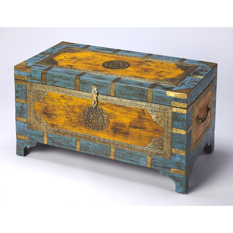Nador Multicolor Mango Wood and Brass Inlay Storage Trunk Coffee Table