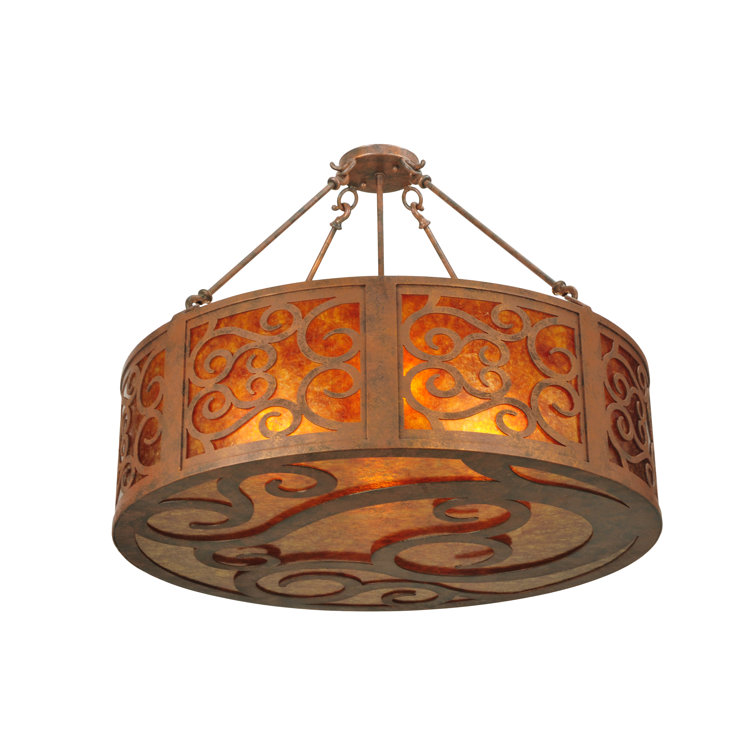 Antique Rust 30'' Drum Chandelier with Amber Glass