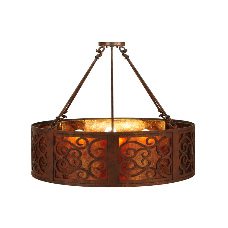 Antique Rust 30'' Drum Chandelier with Amber Glass