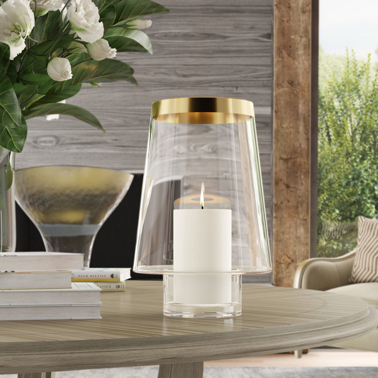 Elegant Bell-Shaped Glass Hurricane with 24k Gold Trim