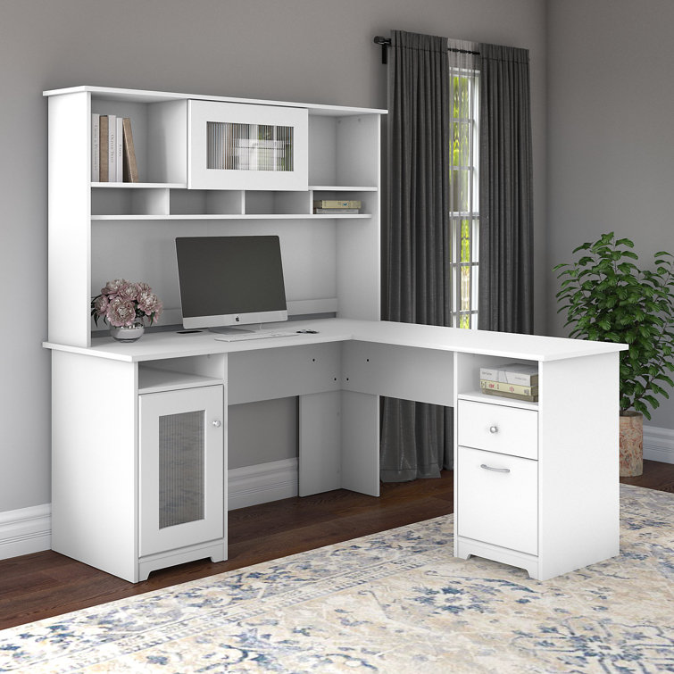 White L-Shaped Wood Composite Desk with Hutch and Filing Cabinet