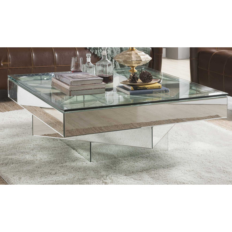Eclat Square 40" Mirrored Coffee Table with Glass Top