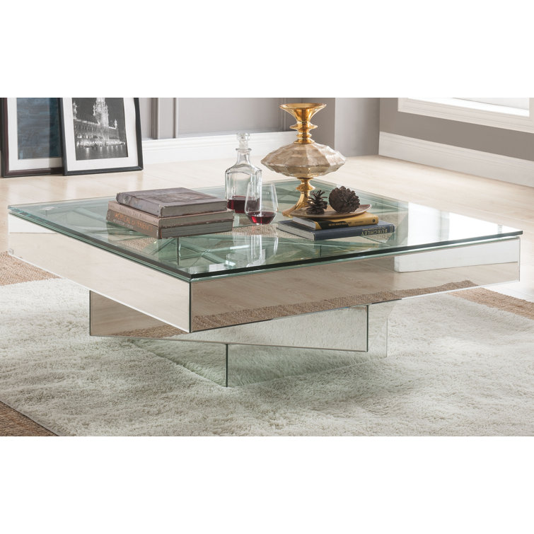 Eclat Square 40" Mirrored Coffee Table with Glass Top