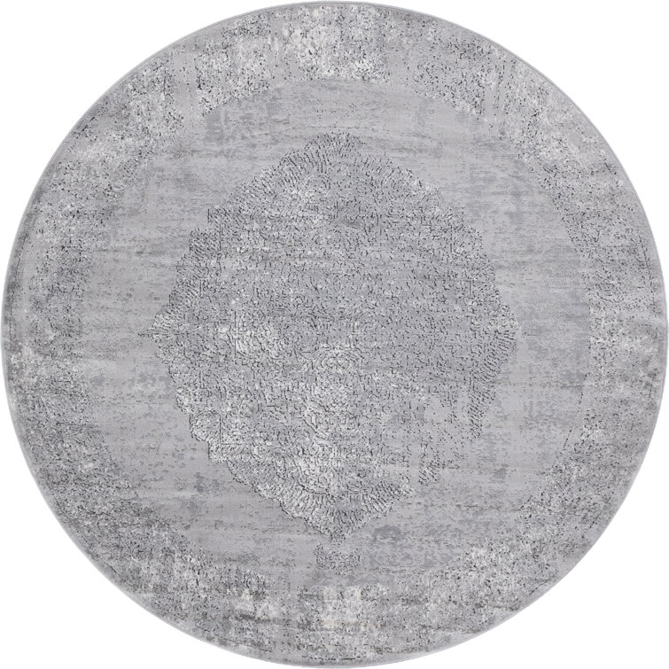Gray Round Stain-Resistant Synthetic Area Rug