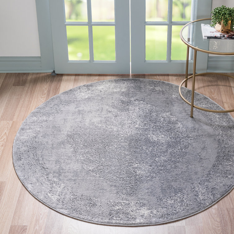 Gray Round Stain-Resistant Synthetic Area Rug