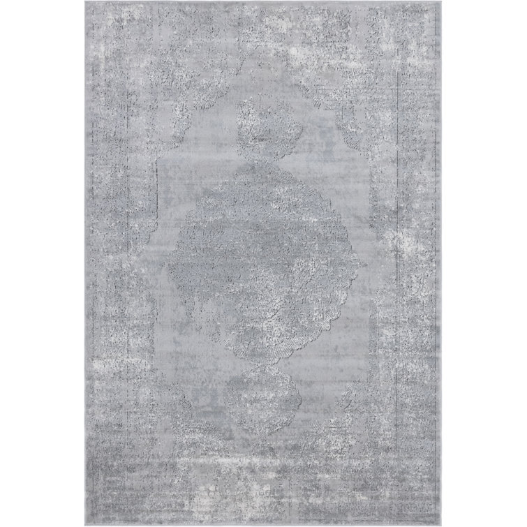 Gray 6' x 9' Oriental Synthetic Stain-Resistant Area Rug