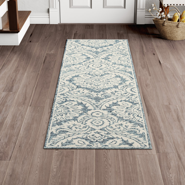 Luxe Tufted Handmade Wool & Cotton Runner Rug in Blue and Ivory
