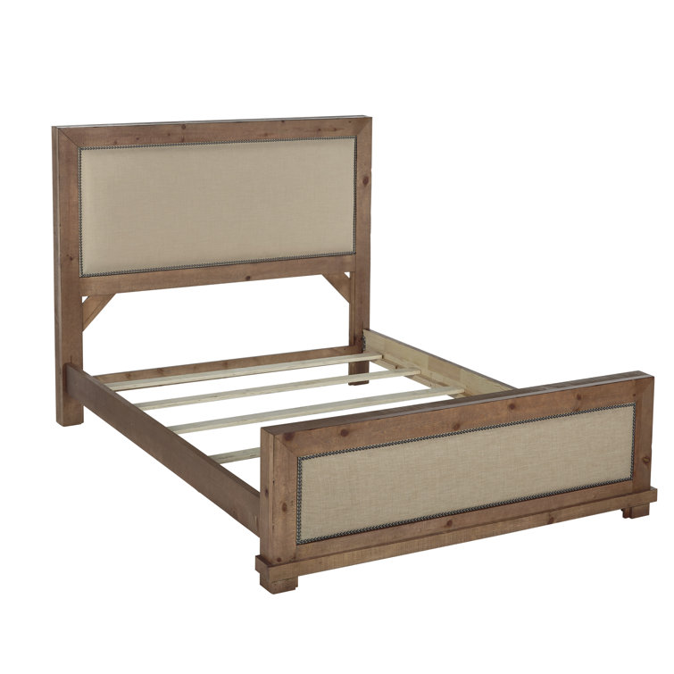 Rustic Pine King Bed with Nailhead Trim Upholstered Headboard