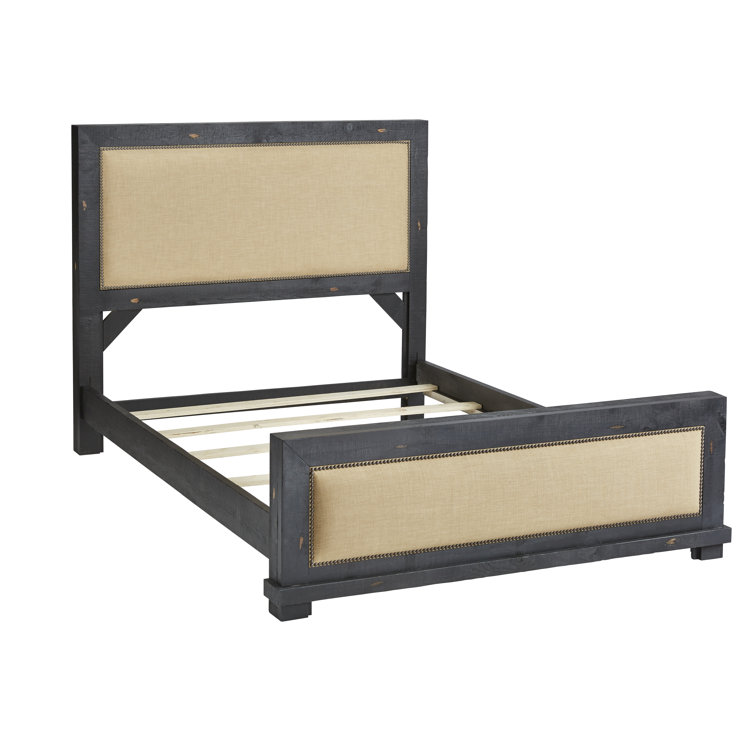 Rustic Pine Queen Upholstered Bed with Linen Nailhead Trim