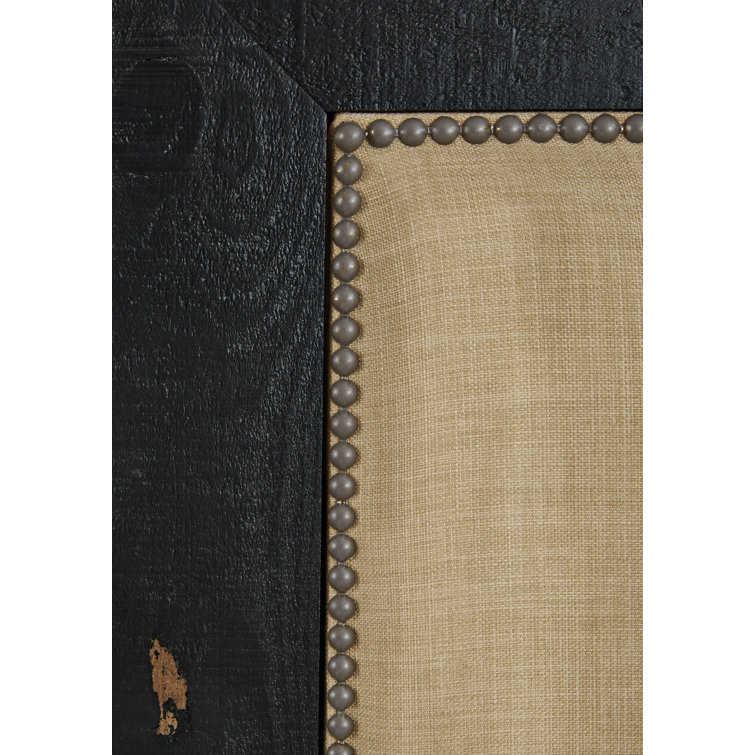 Rustic Pine Queen Upholstered Bed with Linen Nailhead Trim