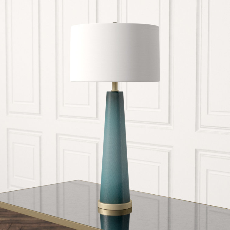 Tall Blue Hand-Cut Glass Table Lamp with Linen Shade