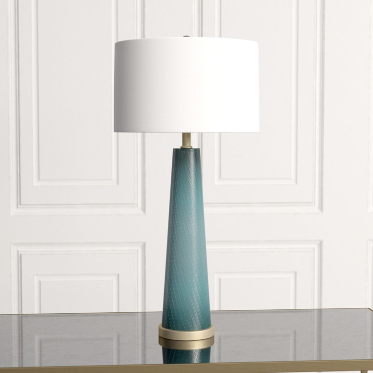 Tall Blue Hand-Cut Glass Table Lamp with Linen Shade