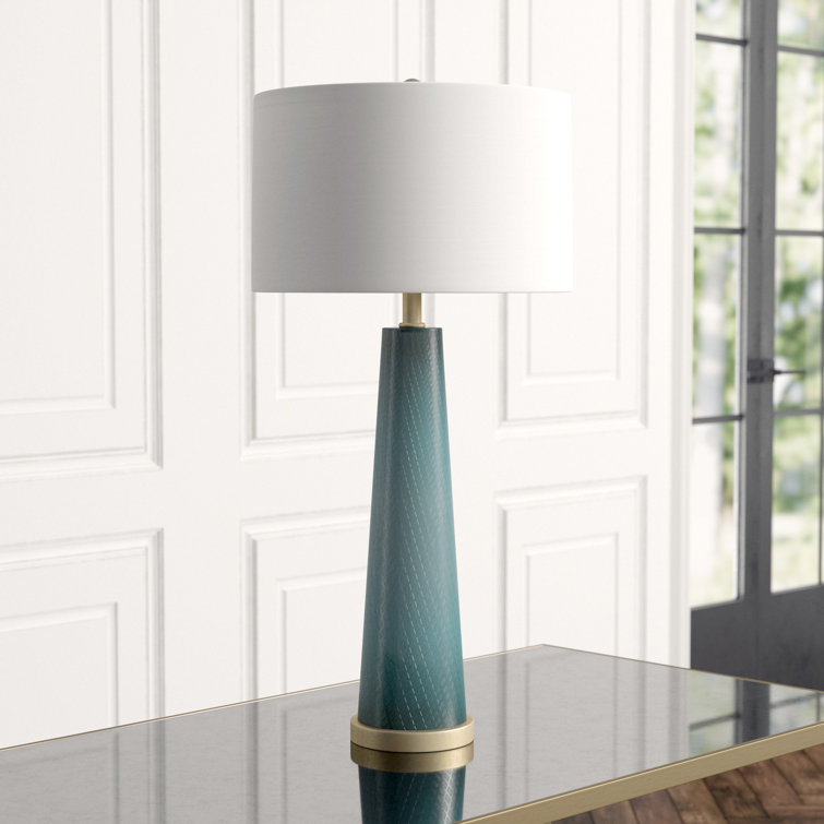 Tall Blue Hand-Cut Glass Table Lamp with Linen Shade
