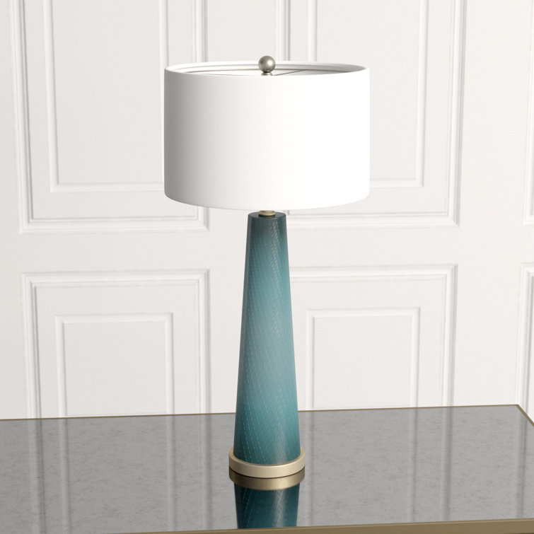 Tall Blue Hand-Cut Glass Table Lamp with Linen Shade