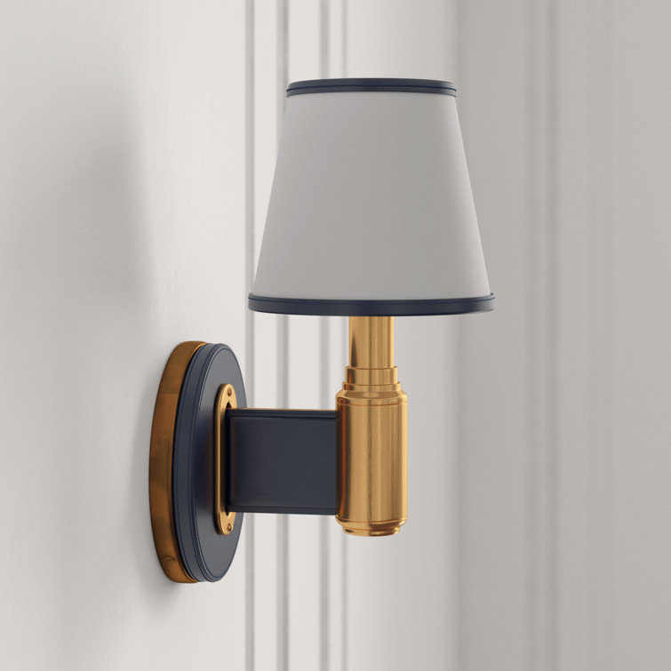 Natural Brass and Navy Leather Wall Sconce with Linen Shade