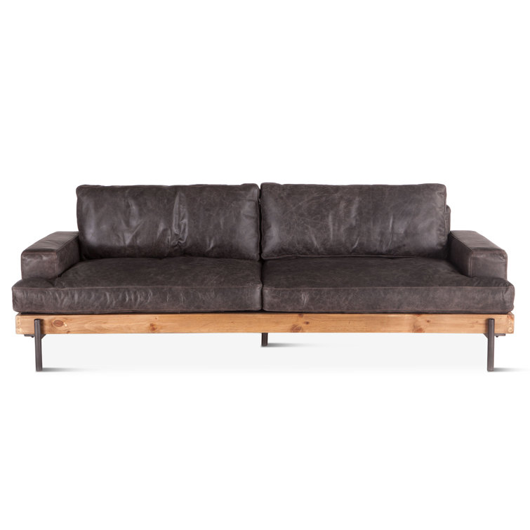 Portofino Distressed Antique Ebony Leather Oak Wood Sofa