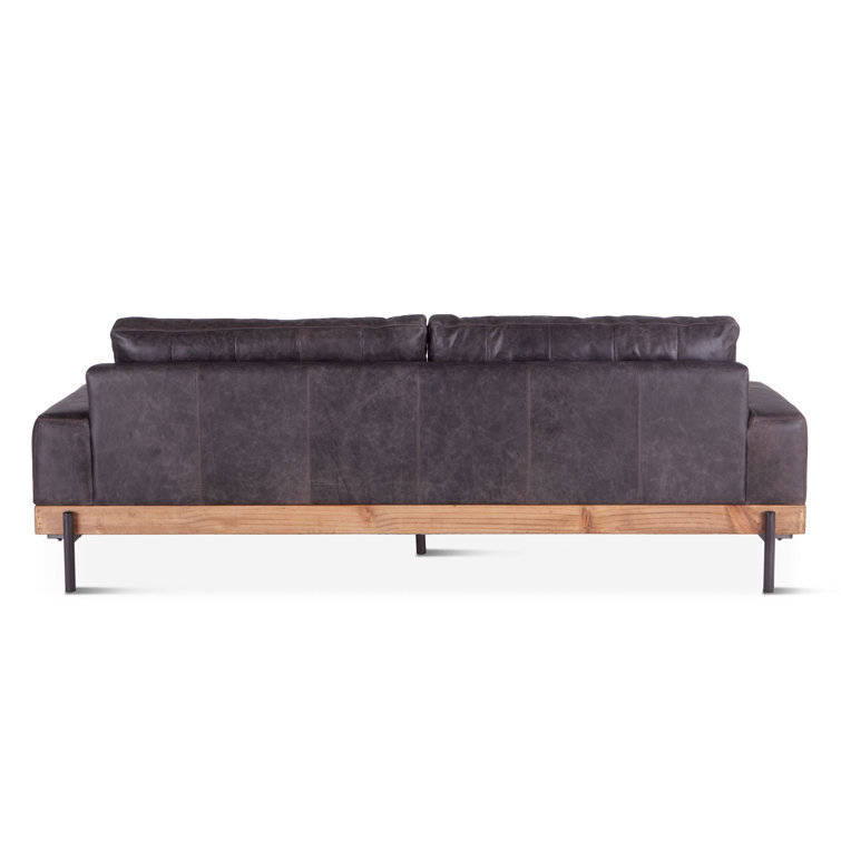 Portofino Distressed Antique Ebony Leather Oak Wood Sofa