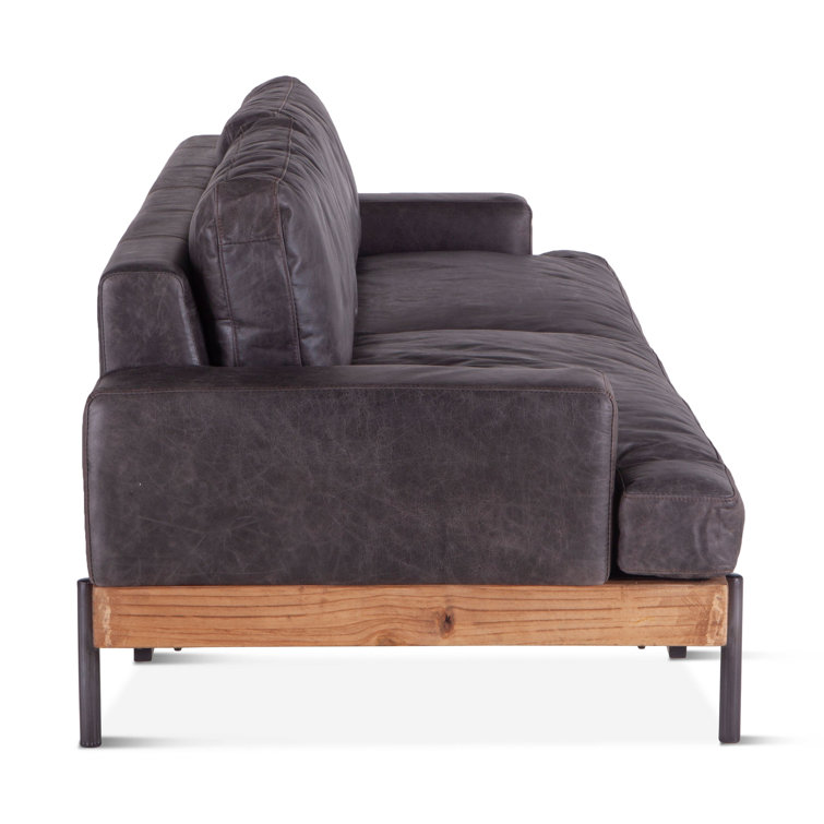 Portofino Distressed Antique Ebony Leather Oak Wood Sofa
