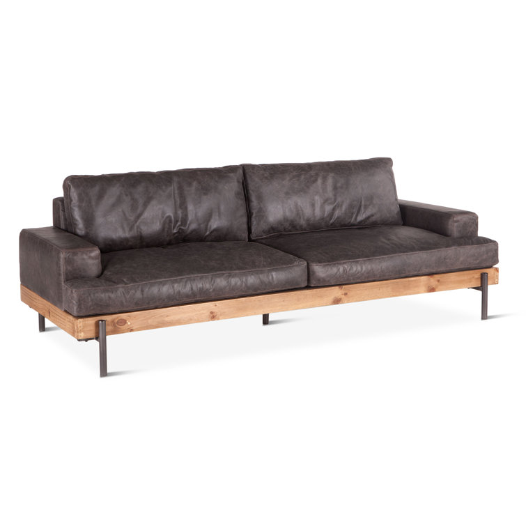 Portofino Distressed Antique Ebony Leather Oak Wood Sofa